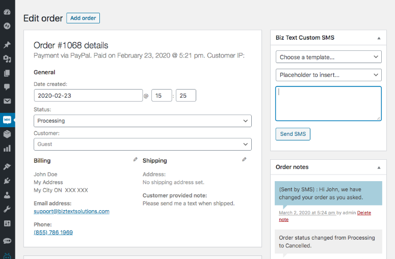 Screenshot of an order being edited