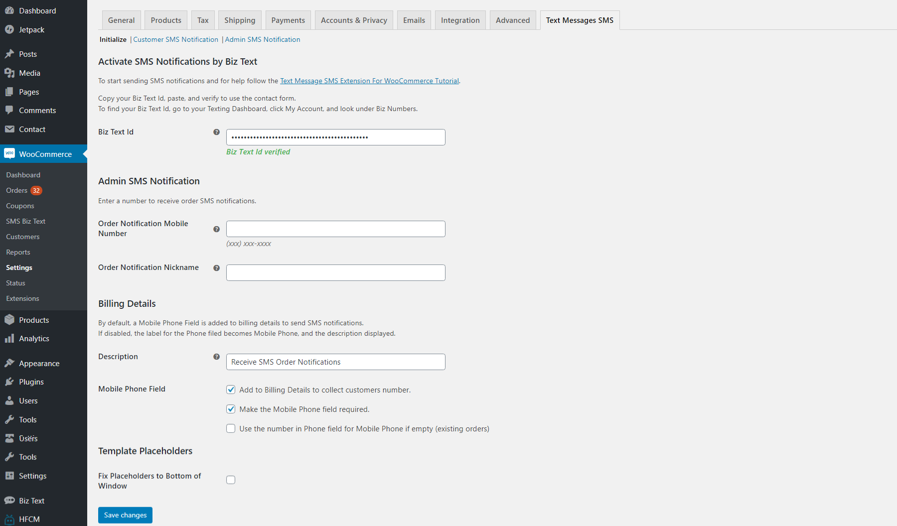 Screenshot of the Administrative settings page for Text Message SMS Extension for WooCommerce plugin