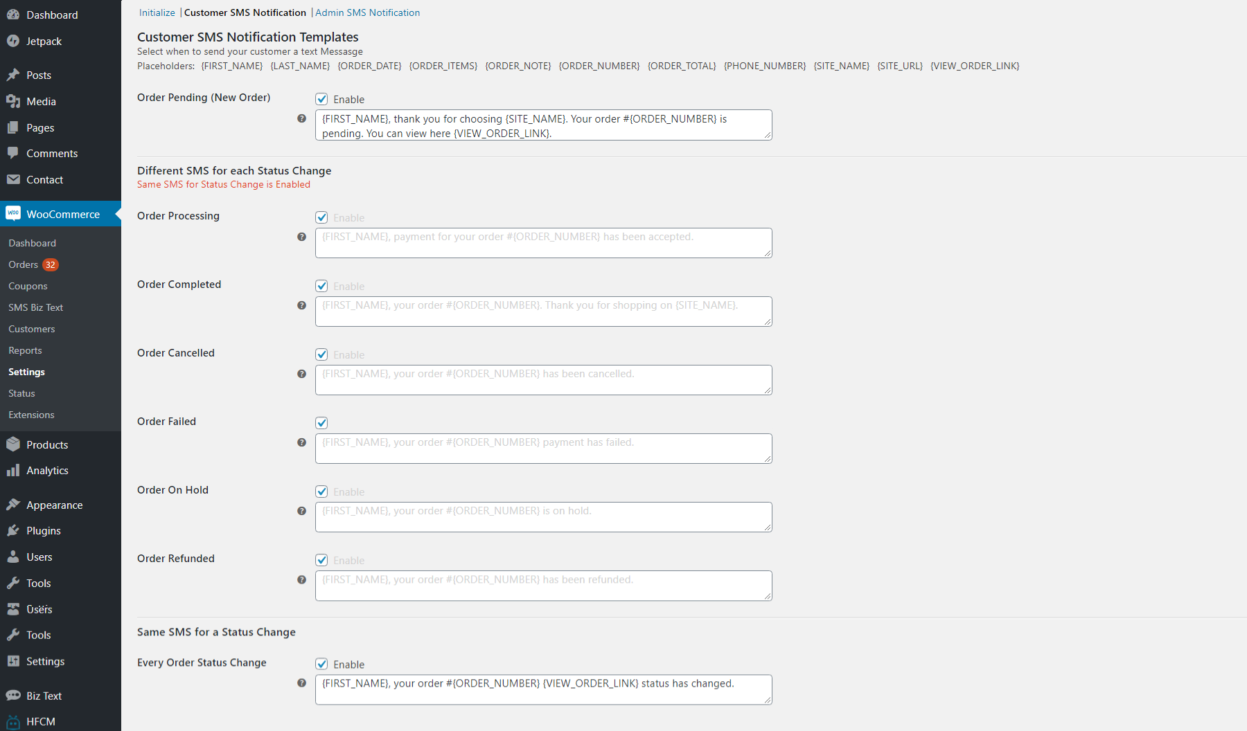 Screenshot of the Customer SMS notifications section in the messages SMS tab
