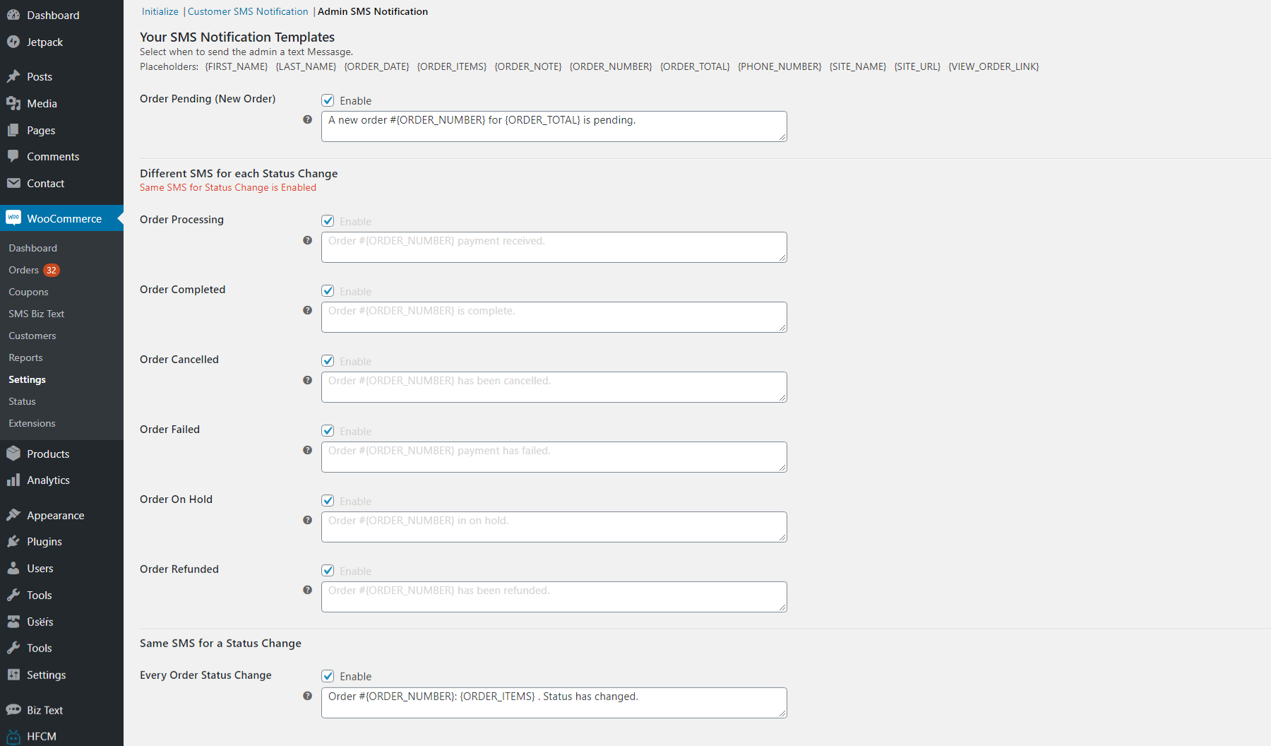 Screenshot of the Admin SMS notifications section in the messages SMS tab