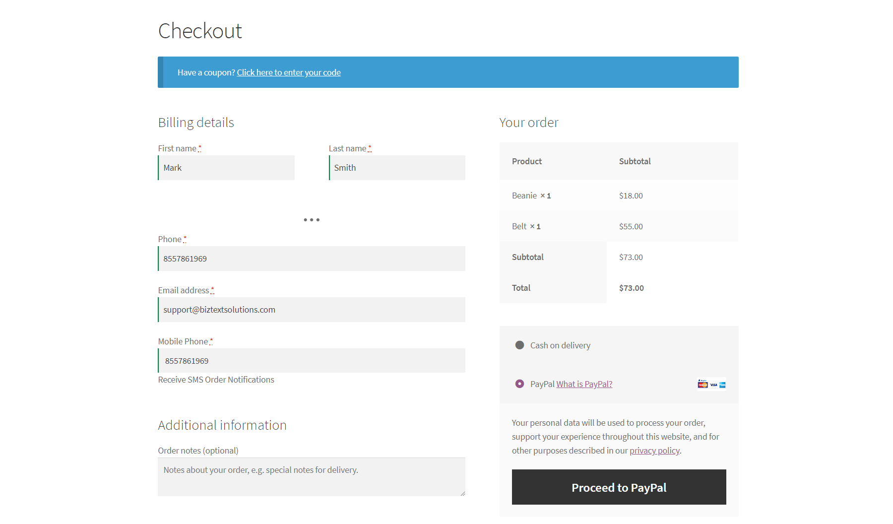 Screenshot showing the checkout billing details for an order with the mobile phone field