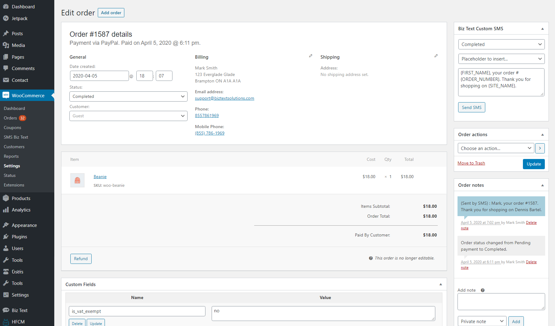 Screenshot of the order details screen with the Biz Text Custom SMS box