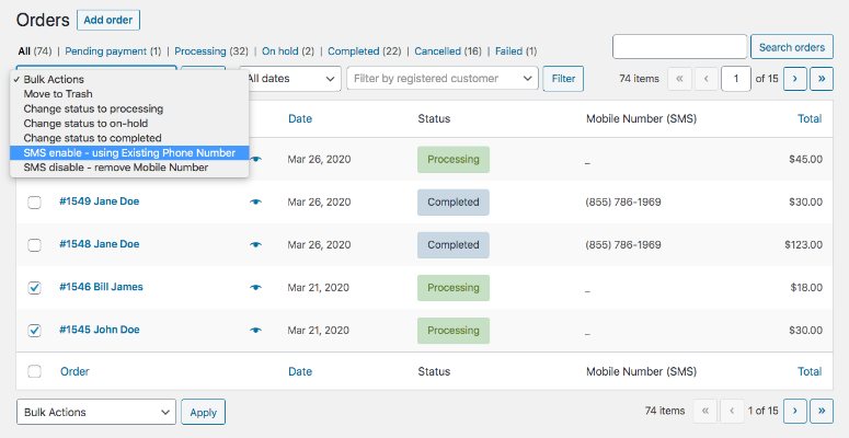 Screenshot showing an order list