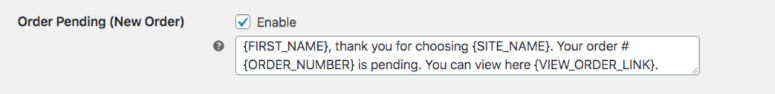 Screenshot of order pending field