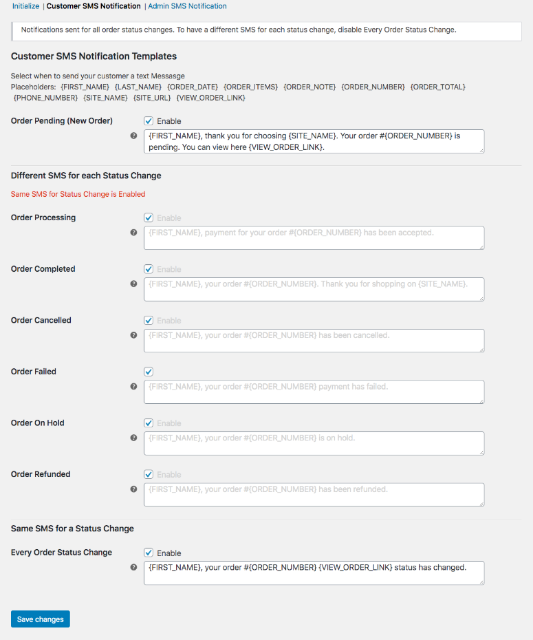 Screenshot showing the Customer SMS Notifications section in the Text Messages Tab in WooCommerce Settings