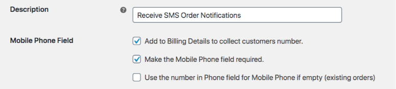 Screenshot showing a field for description, and three options under mobile phone field