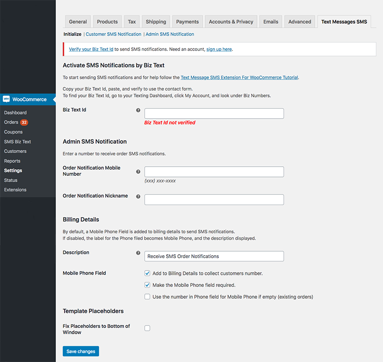 Text Message SMS Notifications for WooCommerce Initialize Screenshot showing the Text Messages Tab in WooCommerce Settings